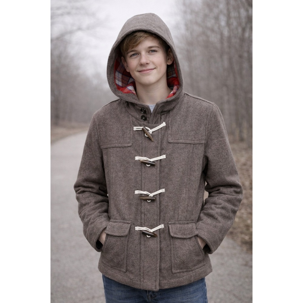 Old Navy Boys Brown Wool Blend Hooded Duffle Coat‎ Toggle Jacket Plaid Lining L